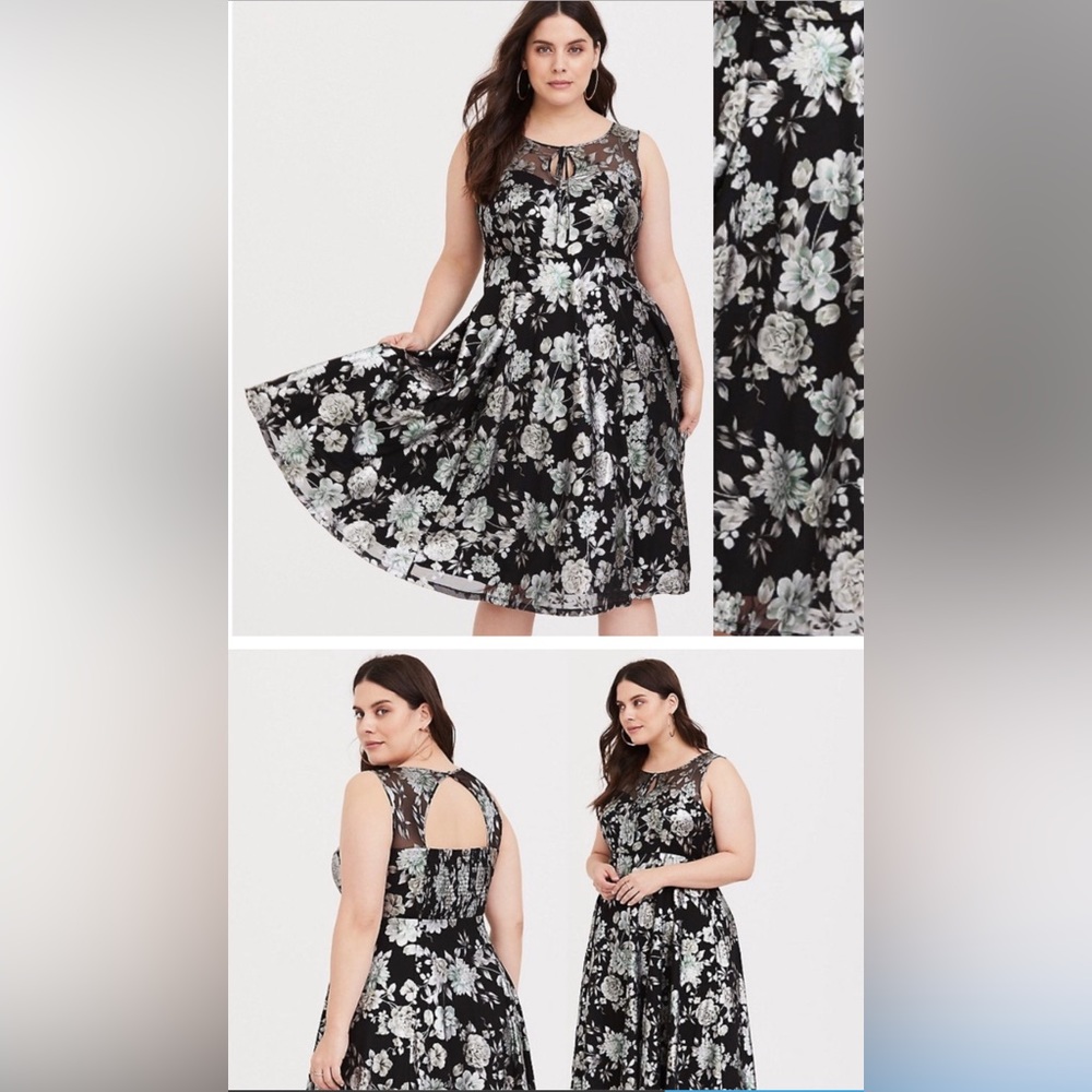 Retro Chic by Torrid. Black and iridescent floral dress. Fully lined, mesh top.